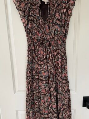 Cleobella Brown Floral Tiered Maxi Dress with Pink Accents